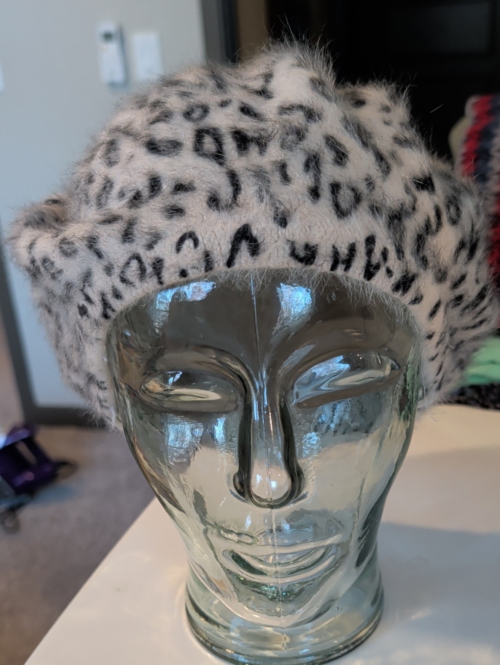Faux Fur Leopard Print Beret - Cream Leopard Pattern